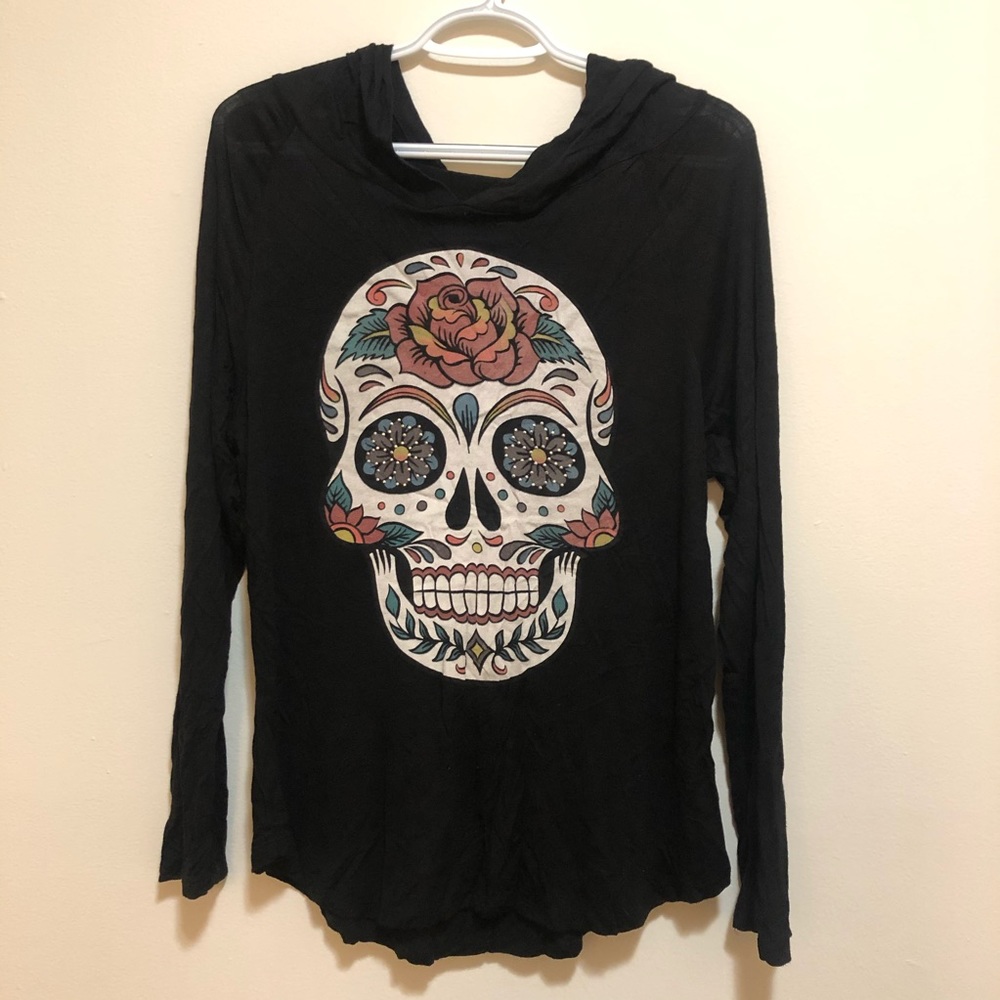 Sugar skull long sleeve hooded shirt